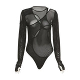 Woherb 2023 New Women's Wear Solid Color Sexy See-Through Stitching High Waist Long Sleeve Slim Jumpsuit-Outfit