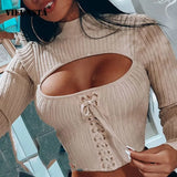 Off Shoulder Cut Off Patchwork Spring Shirts 2020 Women Hollow Out O Neck Elegant Blouse Autumn Long Sleeve Rib Tops