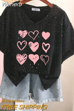 100% Cotton L-6XL T Shirt Plus Size Tshirt Short Sleeve Women Top Summer Heart Print Sweet V Neck Oversized T Shirts-Outfit