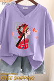 100% Cotton M-6XL T Shirt Print Tshirt Short Sleeve Women's Top Summer Chinese Style Couple V Neck Oversized T Shirts-Outfit