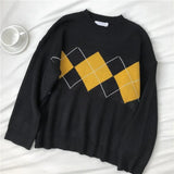 Knitted Sweater Women Argyle Oversize Korean Pullover Jumper Fashion Plaid Ladies Long Sleeve Winter Loose Casual Black
