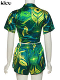 Kliou Camouflage Print Two Piece Set Women Summer Hot Beach Notched Sexy Cleavage Female Tops+Casual Lace Up Silky Skinny