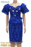 African Dresses For Women 2023 Elegant Flower Lace Midi Dress Sexy Mesh Short Puff Sleeve Robe Vestidos African Clothing-Outfit