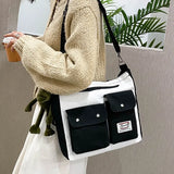 Women's Double Pocket Canvas Bag Fashion Trend Single Shoulder Bag with Lid Zipper Messenger Bag Tote Bag Student Tuition