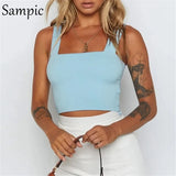 Square Collar White Black Summer Casual Women Crop Tops Short Vest Club Outfits Strap Off Shoulder Tank Tops Camis