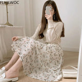 2021 Chic Korea Clothes Summer Women Cute Sweet GIrls Floral Printed Robe Holiday Date Hight Waist Long