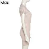 Kliou Solid Sexy Mini Dress Women Hipster Bundled Ball Sheath Short Sleeve Low V-Neck Shaped Waist Hot Streetwear Female