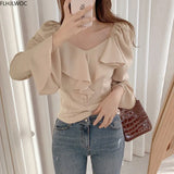 Ruffled Tops And Blouses Autumn Fall Basic Wear Flare Sleeve Chic Korean Fashion Shirts Black Off Shoulder Women Top
