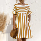 Summer Dress Fashion Striped Print Ruffles Sleeves Loose Dresses Elegant O Neck Plus Size Party Female Mini Dress