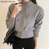 Chic Zipper Woolen Sweater Woman Autumn Stand Collar Gray Long-sleeve Warm Knitting Jumper Woman Fall Slim Waist