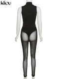 Kliou Solid Concise Two Piece Set Women Skinny Mock Neck Sleeveless Bodysuits+ Mesh See Through Leggings Acctivewear Female