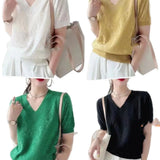 Goods Design Sense V-Neck Knitted T-Shirt Girl 2025 Spring And Summer New Loose Fashion Thin Short-Sleeved