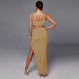 Lavender Maxi Dress Women Sleeveless High Waist Side Split Two Piece Dress Summer Solid Color Sexy Party Long Dress