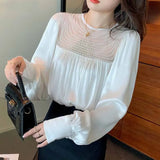 Mesh Satin Chiffon Shirt Long Sleeve Pleated Loose Vintage Blouse Autumn Casual O-neck Beading Stitching Blouse