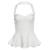 Woherb Summer New Women's Clothing Fresh And Sweet Wrapped Chest Slim Flounce Pure Color Hanging Neck Vest-Outfit