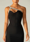 Quality Red Blue Black One Shoulder Sparkly Beading Rayon Bandage Dress Elegant Cocktail Party Dress