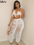 Kliou Halter Knitted Tanks Women Solid Sexy Deep V-Neck Lace Up Backless Tassel Skinny Crop Tops Streetwear Female