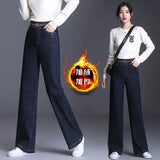 Plus Velvet Baggy Jeans Women Elastic High Waist Wide Leg Pants Thick Vintage Vaqueros Fall Winter Office Denim