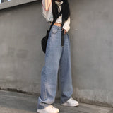 Women Mopping Jeans Straight Solid Adjustable Waist Loose Korean Style Trendy Females Trousers All-match Teenagers 2021 Newest-Outfit