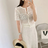 Knit 2 Piece Sets Women Tops and Elastic Waist Skirts Spring Summer Hollow Out Korean Knitted Two Piece Set Woman