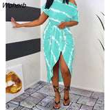 Women Tie Dye Print One Shoulder Wrap Midi Dress Office Lady Outfits Femme Short Sleeve Slit Clothing Vestidos 2022 New-Outfit