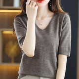 Woherb 2024 New Short-Sleeved Sweater Women's T-Shirt Solid Color V-Neck Short-Sleeved Bottom Shirt Top Thin Style A Hair-Outfit