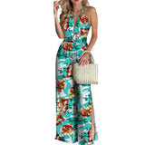hirigin Women Floral Print Sleeveless V-neck Halter Backless Slit WideLeg Jumpsuit Streetwear Summer Boho Long Playsuit