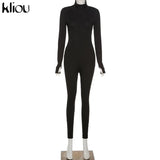 Kliou solid turtleneck full sleeve jumpsuits classic one piece women fitness slim rompers zipper long overall skinny