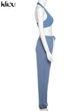 Kliou Sporty Two Piece Set Girl Halter Crop Tops+Drawstring Sweatpants Slim Activewear Casual Gym Workout Fitness Womens