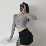 New Autumn Style Cardigan V-Collar Button High Waist Exposed Navel Short Slim Women's Sweater-Outfit