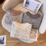 for Women 2023 Autumn Winter New Fashion Sequin Long Sleeve O Neck Short Pullover Chic Casual Knitted Vintage Jumpers-Outfit