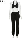 Kliou Sporty Two Piece Set Girl Halter Crop Tops+Drawstring Sweatpants Slim Activewear Casual Gym Workout Fitness Womens