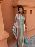 Elegant Printed Diagonal Neck Maxi Dress For Women Sexy Backless Single Flare Sleeve Robe 2024 Summer Lady High Streetwear-Outfit