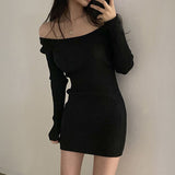 2023 Fall Winter Skinny Knitted Dress Women Black Sexy Bodycon Mini Dresses Female Elegant Slim Long Sleeve Sweater Dress-Outfit