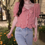 Plaid Summer Shirts Women Crop Tops Mujer Harajuku Sweet Cute Korean Style Retro Temperament Girlish Clothes Y2k Students-Outfit