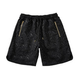 West Hip Hop Silk Cashew Jacquard Embroidery Casual Shorts Mens Zipper Pockers Drawstring Oversize Cargo
