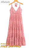 2023 Women Summer Strap Dress Fashion Print Halter Drawstring V-Neck Female Elegant Street Long Dresses Clothing-Outfit