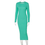 2021 Women Fall Winter Fashion Bodycon Stripe O Neck Pure Color Long Sleeves Maxi Dress Female Sexy Outfits