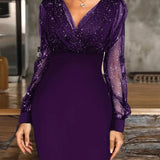 Woherb Women's New Mesh Patchwork Sexy Vintage Elegant V-Neck Party Club Dress-Outfit