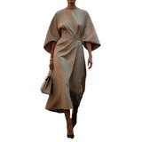 Women's Fashion Temperament Elegant Solid Color Waist Dress Casual Bat Sleeve