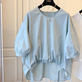 Puff Sleeve Doll Shirt Korean Solid Causal Asymmetrical Pleated Blouse Drawstring Women Oversize Loose Top Blusas Mujer 703-1-Outfit