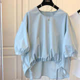 Puff Sleeve Doll Shirt Korean Solid Causal Asymmetrical Pleated Blouse Drawstring Women Oversize Loose Top Blusas Mujer 703-0-Outfit