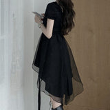 Mini Dresses Women Black Mesh Irregular Slim Square Collar Puff Sleeves Ruffles Korean Style Elegant Trendy Ulzzang
