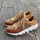 Plus size 36-44 New Thick-soled Round Toe Low-top Leopard Print Women's Singles Cross-large Stitching Lace-up