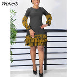 Autumn Fashion Splice Floral Ruffle Dress Women Office Ladies Casual Round Neck Long Sleeve Ruffle Dress Women-Outfit