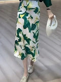 Women Summer Mid-length Satin Floral Trumpet Skirt Casual High Waist Printed Long Skirt QT1855-Outfit