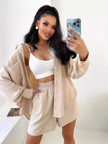 Women's Solid Color Single Row Buckle Long-Sleeved Shirt Loose Fashion Casual Shorts