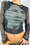 Graphic Print Green Mesh Sheer T-shirt Long Flare Sleeve Slim Crop Tops Sexy See Trough Women Tops Y2K Vintage Grunge-Outfit