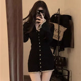 Woherb Girl Black Long Sleeved Dress Female Summer Pure Desire Wind Bottom V Collar Temperament Waist Tight Package Hip Short Skirt-Outfit