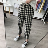 Spring Summer Plaid Pants Women's Harem Pants Capris Drawstring Waist Large Size Casual Loose Cotton Linen Trousers Women-Outfit